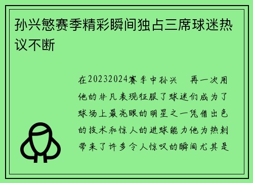 孙兴慜赛季精彩瞬间独占三席球迷热议不断