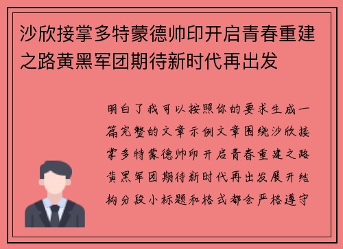 沙欣接掌多特蒙德帅印开启青春重建之路黄黑军团期待新时代再出发 沙欣接掌多特蒙德帅印开启青春重建之路黄黑军团期待新时代再出发