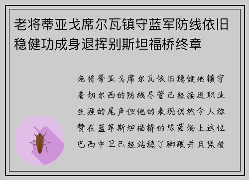 老将蒂亚戈席尔瓦镇守蓝军防线依旧稳健功成身退挥别斯坦福桥终章 老将蒂亚戈席尔瓦镇守蓝军防线依旧稳健功成身退挥别斯坦福桥终章